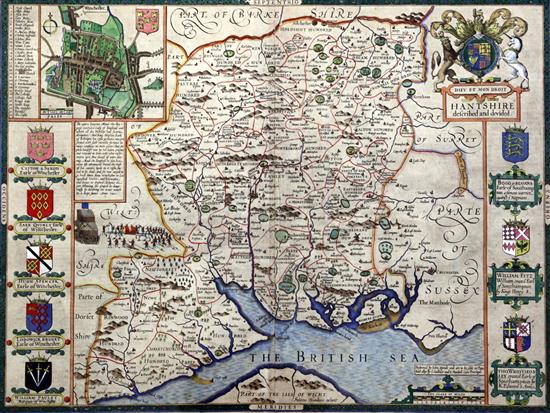 John Speed Map of Hantshire, Described and Devided, 15 x 20.25in.